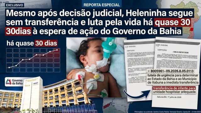 Negligência ou má gestão: Mesmo após decisão judicial, Heleninha segue sem transferência e luta pela vida há quase 30 dias à espera de ação do Governo da Bahia