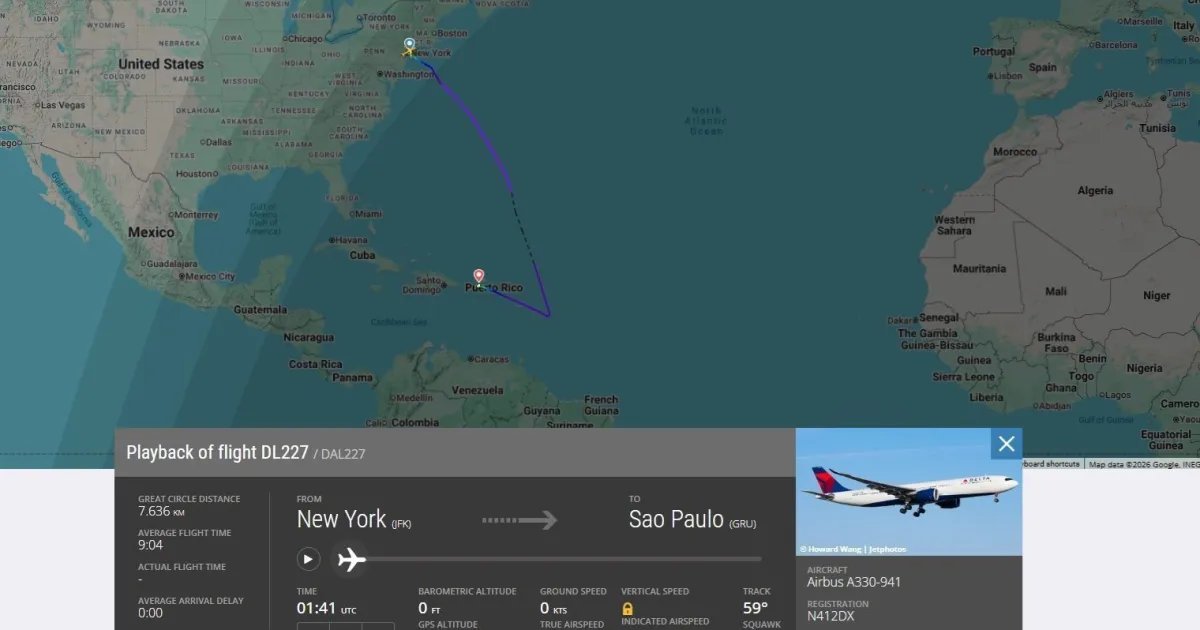 Voo da Delta de Nova York para São Paulo tem rota desviada para Porto Rico