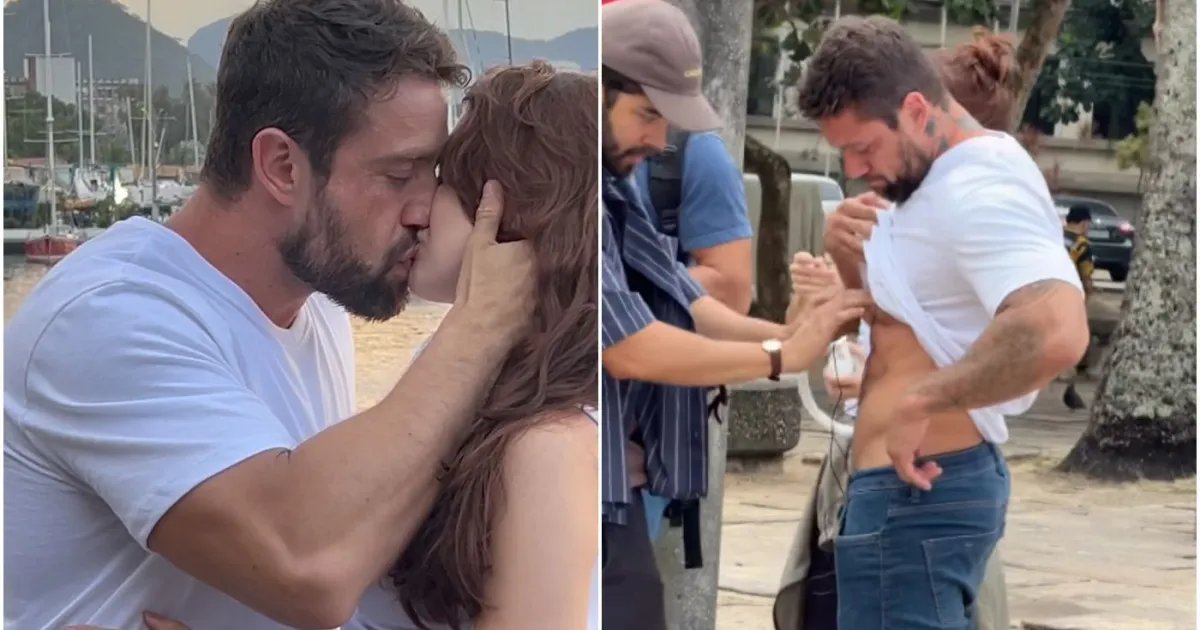 Rafael Cardoso volta aos trabalhos e dá beijão em atriz após reabilitação